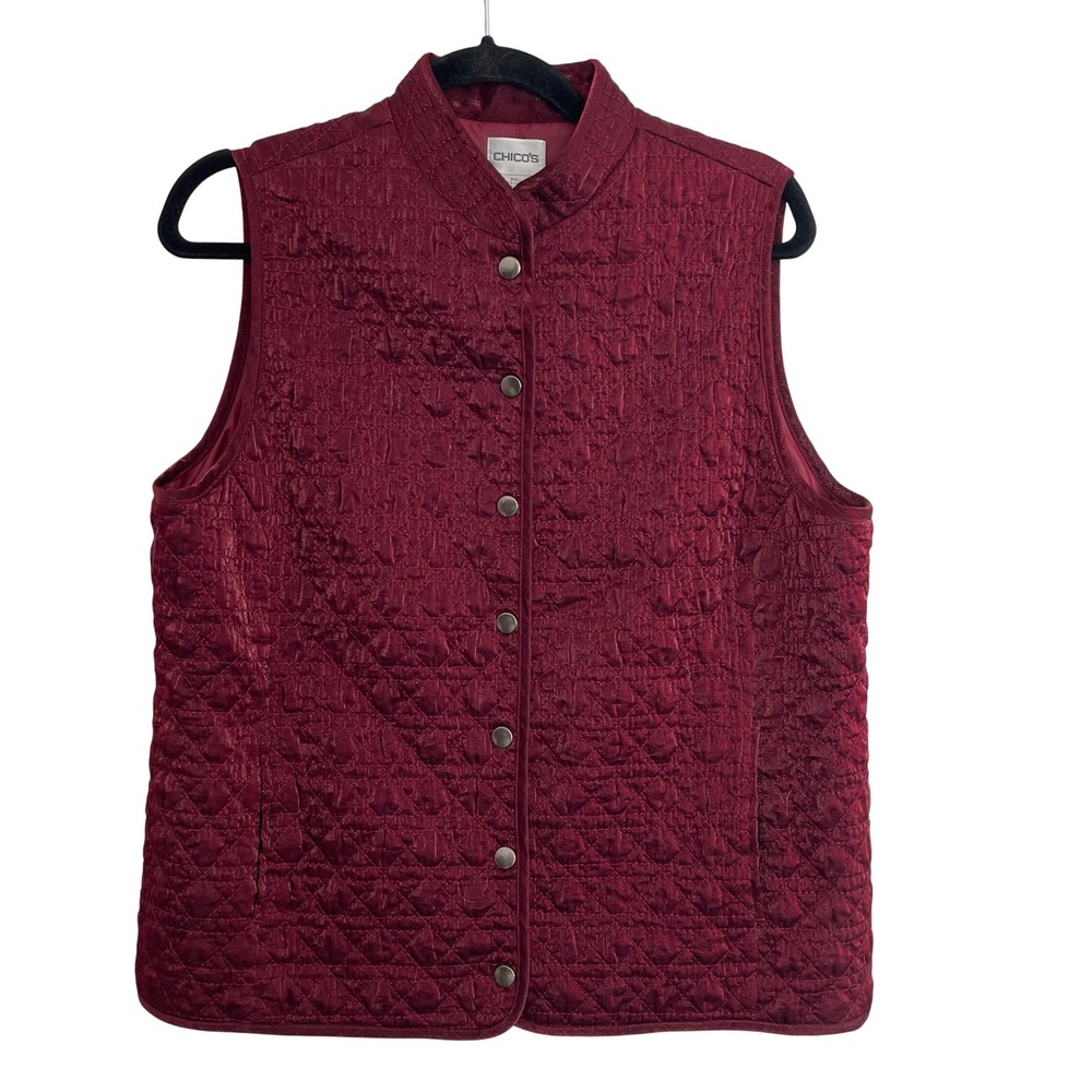 Chicos Quilted Vest Burgundy Red Snap Front Mock Neck Padded Size 2 Large